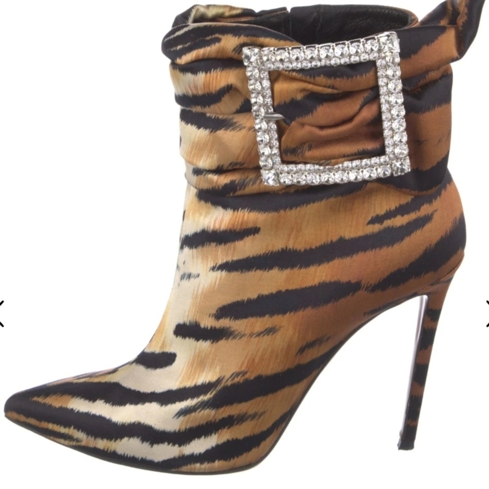 Alexandre Vauthier Satin Animal Tiger Print Ankle Boots with Rhinestone Buckle